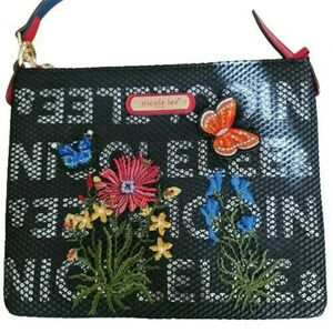 NICOLE LEE CROSS BODY BAG ADJUSTABLE STRAP embroidered flowers  black & Red